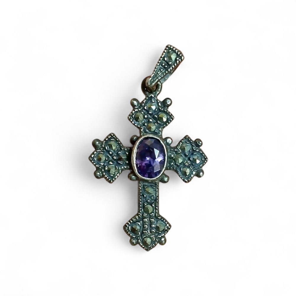 Vintage Sterling Silver Marcasite Amethyst Cross Pendent Gothic Art Deco Style